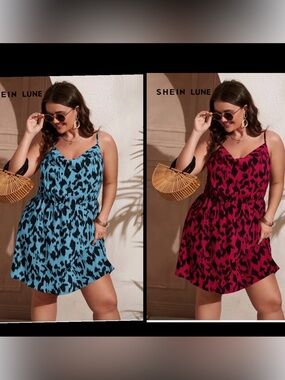 2 SHEIN Lune Cami Animal Print Dress - Blue and Burgundy